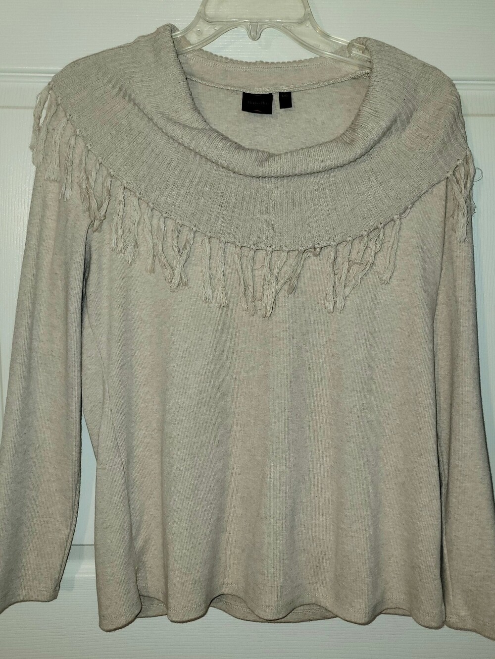 Rafaella Womens Oatmeal Cowl Neck Fringe Trim Knit Sweater Size Large